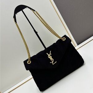 Yves Saint Laurent Black Velvet Shoulder Bag with Gold Chain